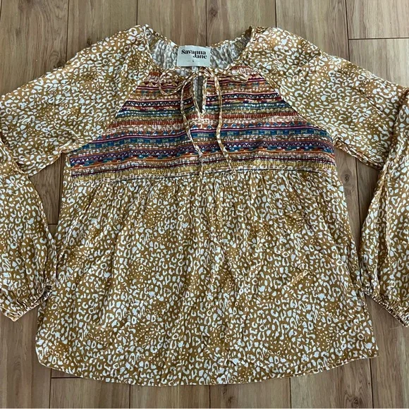 Savanna Jane Women's Gold, Cream and Multicolor Embroidery Boho Blouse SZ L - Picture 1 of 4